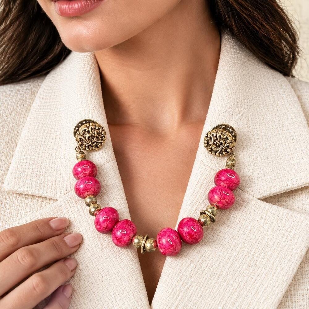 Vintage Pink Stone Bead Sweater Guard Fleur de Lis Boho Double Brooch Pin